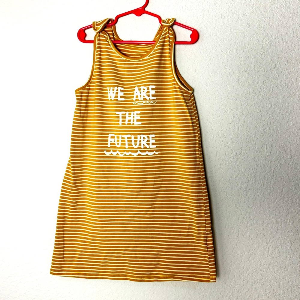 Shein Kids Girls Gold and White Striped Sleeveless Dress, Cute Button Close, 6Y